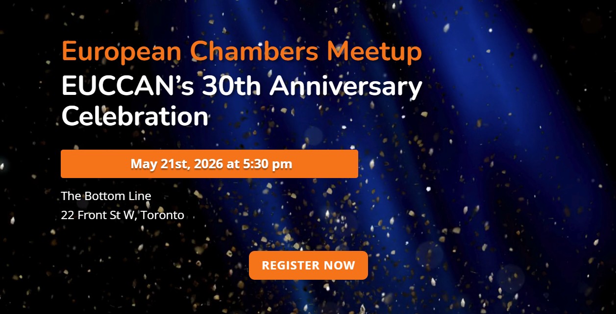 Event poster for EUCCAN’s 30th Anniversary Celebration on May 21, 2026 at The Bottom Line in Toronto, with a blue confetti background and a “Register Now” button.