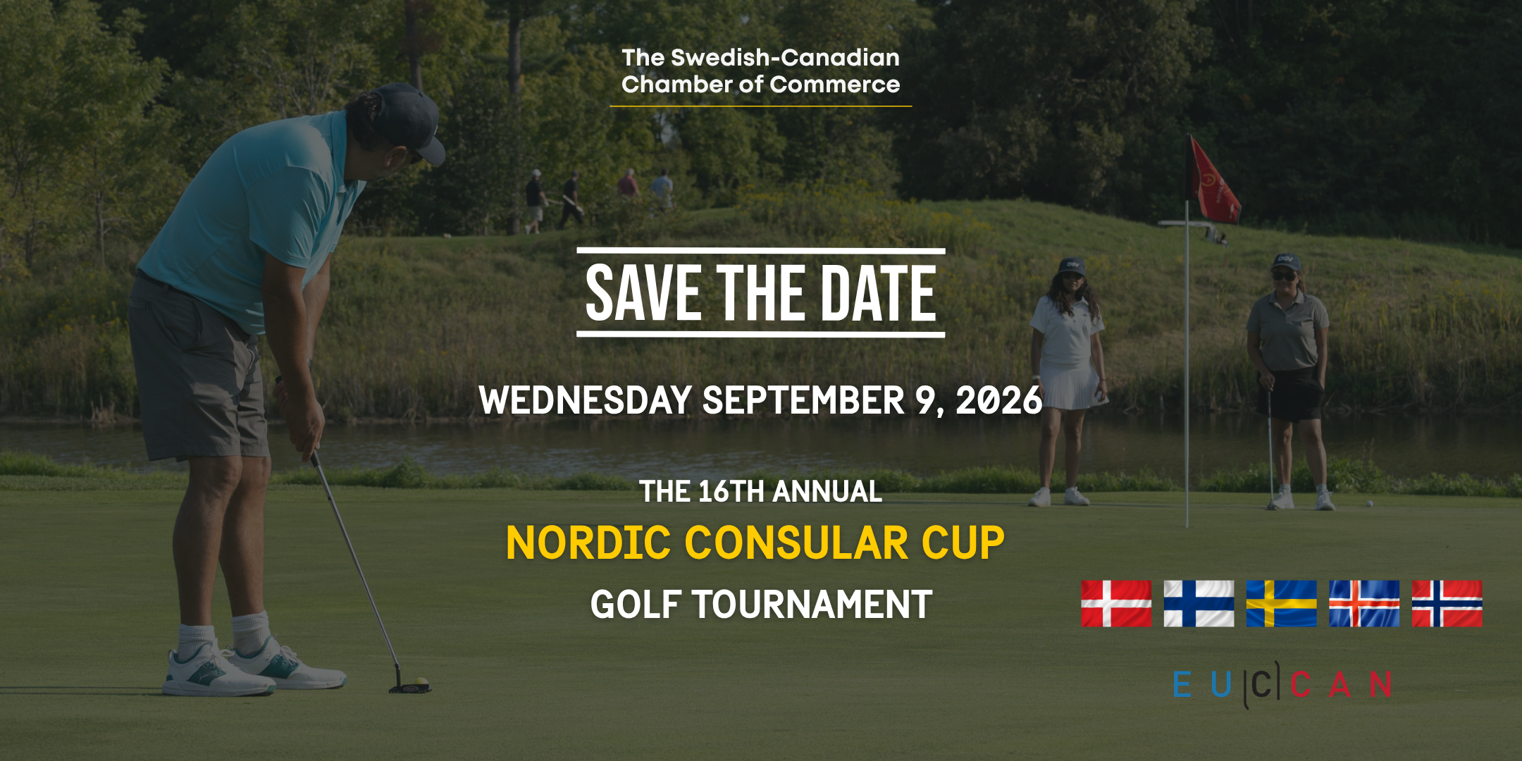 Save the date poster for the 16th Annual Nordic Consular Cup Golf Tournament on Wednesday, September 9, 2026 at Royal Ontario Golf Club, featuring golfers on a green and Nordic flags.